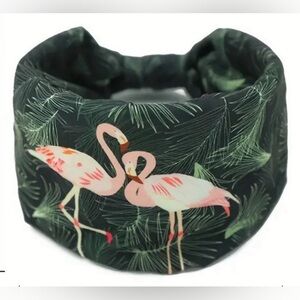 Flamingo Headband Wide Green and Pink  Elasticized